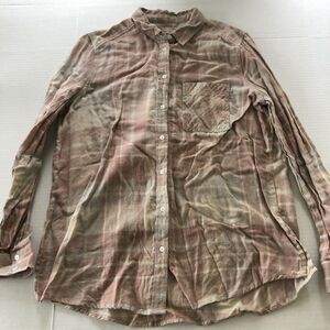 Express Boyfriend Fit Pink Gray Plaid Flannel Button Up Shirt Women’s Sz L A3818